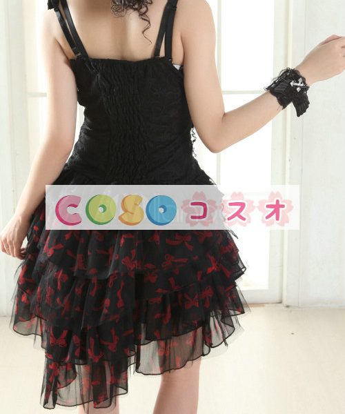 ロリータスカート，ブラック＆レッド　レース　ティアド　パンク　綿混紡　 ―Lolita0226