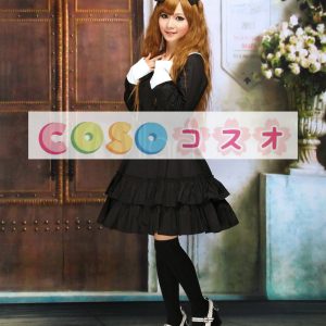 コットン　ブラック　ロリィタワンピース　長袖　学園風　フリル ―Lolita0237
