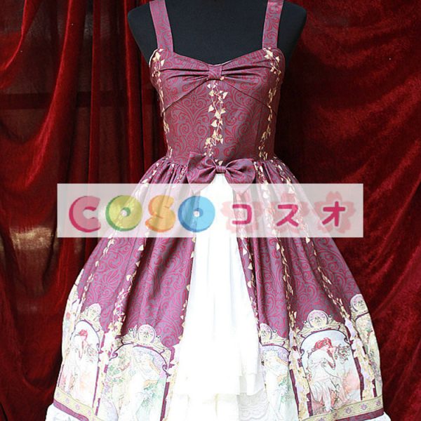 ロリータ服，ジャンパースカート　新作　プリント柄　スィート　レース付き　リボン付き ―Lolita0255