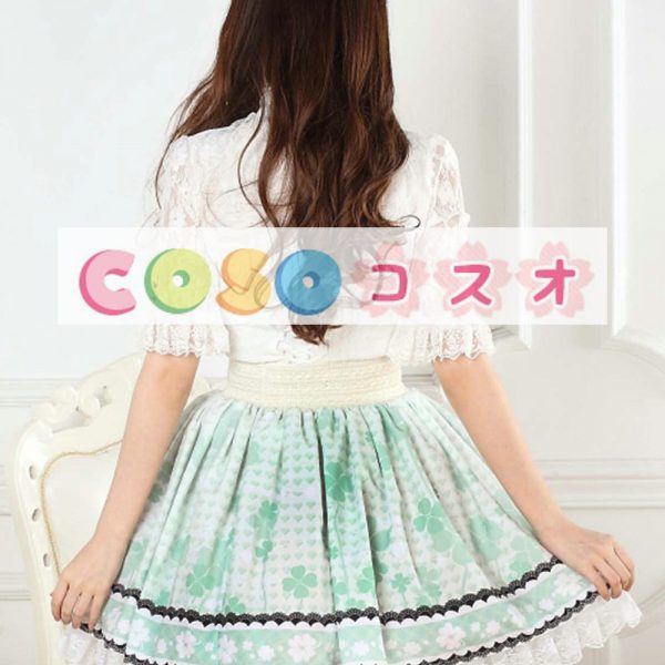 ロリータ服　スカート　グラスグリーン　スィート　プリント　レース　クローバー ―Lolita0386