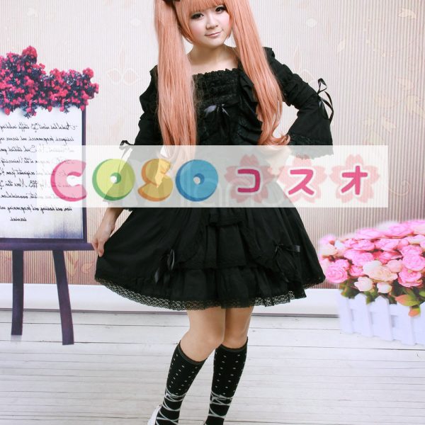 ロリータワンピース，ブラック・ピンク　スクエアネック　ドローストリング　ロングスリーブ　スィート　 ―Lolita0397