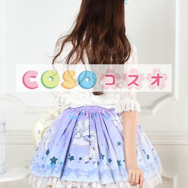 ロリータ服　スカート　ブルー　スィート　プリント　レース　一角獣 ―Lolita0484