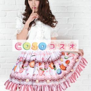 ロリータ服，スカート　ピンク　スィート　プリント柄　ラッフルズ　 ―Lolita0496