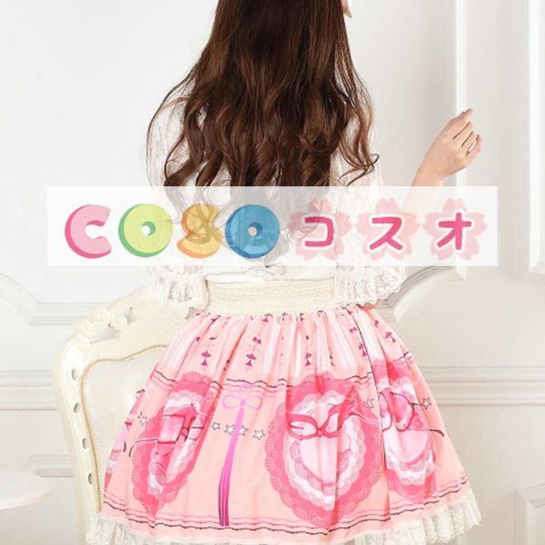 ロリータ服　スカート　ピンク　プリント柄　レース付き　 ―Lolita0550