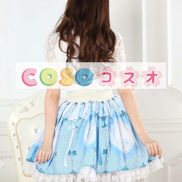 ロリータ服　スカート　ブルー　スィート　プリント　レース　ネコちゃん ―Lolita0584