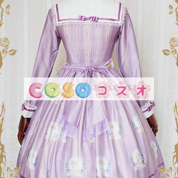 ロリータ服　ワンピース　ボディコン　リボン柄　ドレス　シルクライク　可愛い　長袖　折り襟　編み上げ　カジュアル　 ―Lolita0627