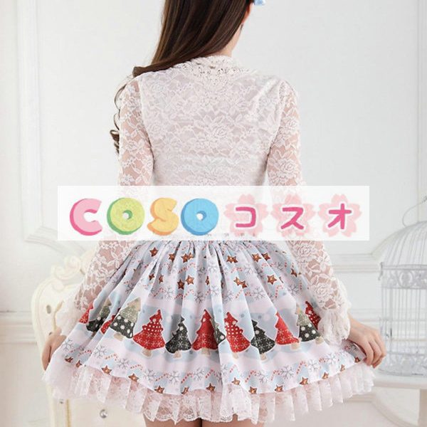 ロリータ服　スカート　ブルー　人気　スィート　プリント　レース　 ―Lolita0652