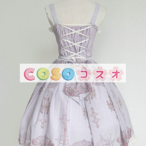 ロリィタジャンパースカート　パープル　可愛い　合成繊維　プリント柄　リボン　パーティー　 ―Lolita0725