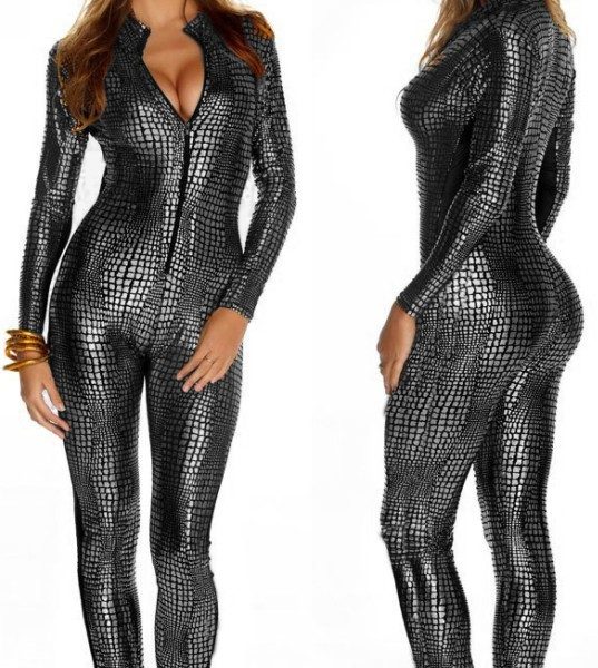 フロントジップ　アップ　スネーク　デザイン　ビニールレザー　ボディースーツ　キャットスーツ　-Halloween-trw0725-0433