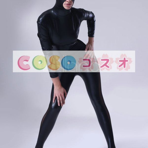 全身タイツ，ユニセックスファッション　光沢のある黒　目と口が開いている―taitsu-tights0168