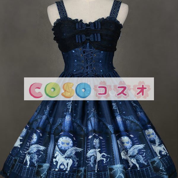 ロリィタジャンパースカート　パーティー　可愛い　合成繊維　プリント柄　リボン　 ―Lolita0048