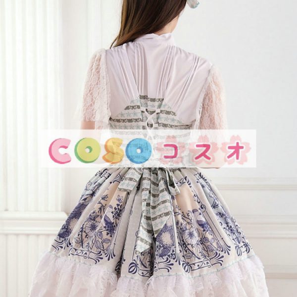 ロリータ服　ワンピース　アプリコット　プリント　ドレス　ポリエステル　スィート　レース　カジュアル　 ―Lolita0082