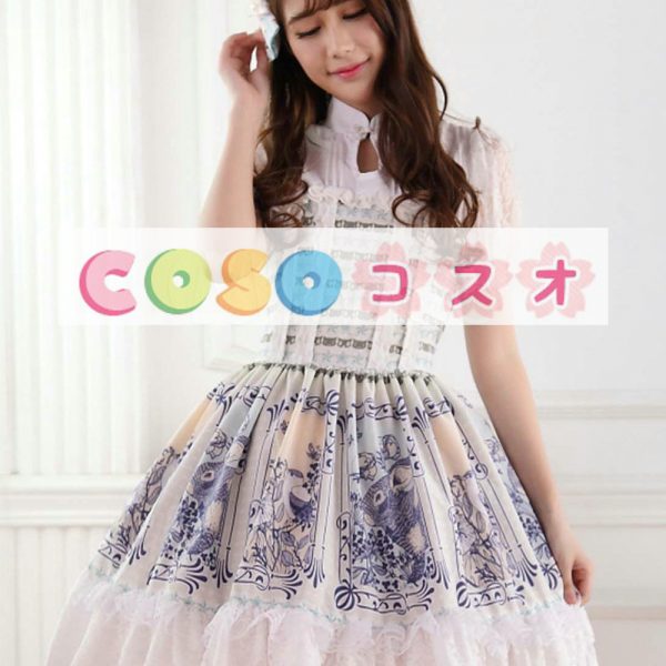 ロリータ服　ワンピース　ディープアプリコット　プリント　ドレス　ポリエステル　スィート　レース　カジュアル　 ―Lolita0198