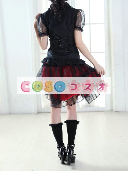 ロリータスカート，レッド・ブラック　ティアド　パンク　綿混紡　―Lolita0350