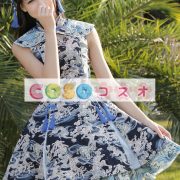 ロリータ服　ワンピース　マルチカラー　チュニック　プリント柄　ドレス　綿麻　可愛い　ノースリーブ　スタンドカラー　タッセル　パーティー　 ―Lolita0446 3