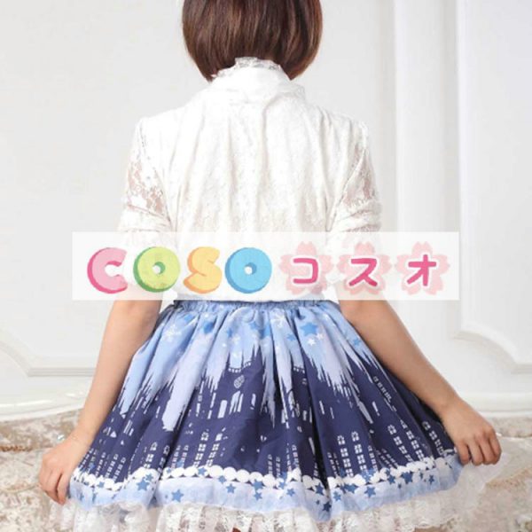 ロリータ服　スカート　ブルー　スィート　プリント　レース　 ―Lolita0499