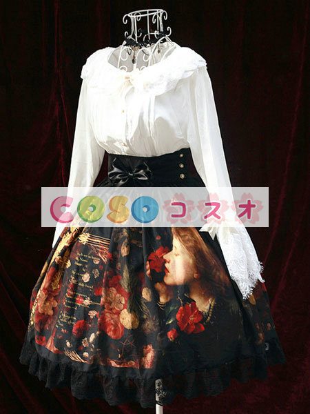 ロリータ服　スカート　ブラック　レトロ　プリント柄　 ―Lolita0532