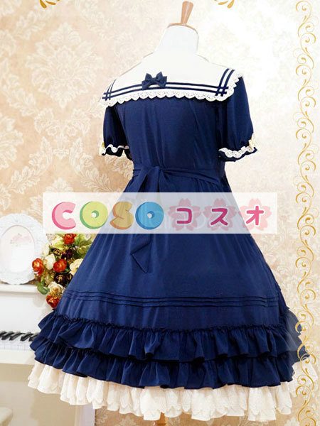 ロリータ服　ワンピース　チュニック　ドレス　シフォン　可愛い　半袖　折り襟　リボン　パーティー　 ―Lolita0552