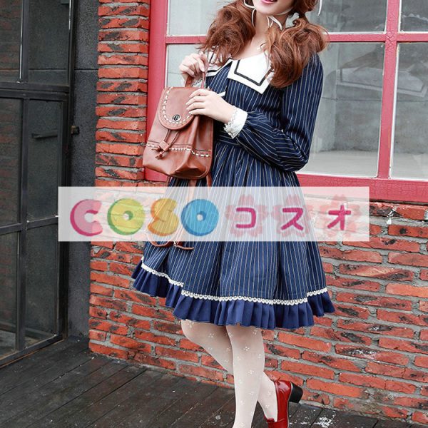 ロリータ服　ワンピース　ダークネイビー　チュニック　ドレス　可愛い　長袖　折り襟　リボン　パーティー　 ―Lolita0650