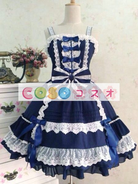 ロリィタジャンパースカート　パーティー　ロココ調　コットン　リボン　スクエアネック　 ―Lolita0751