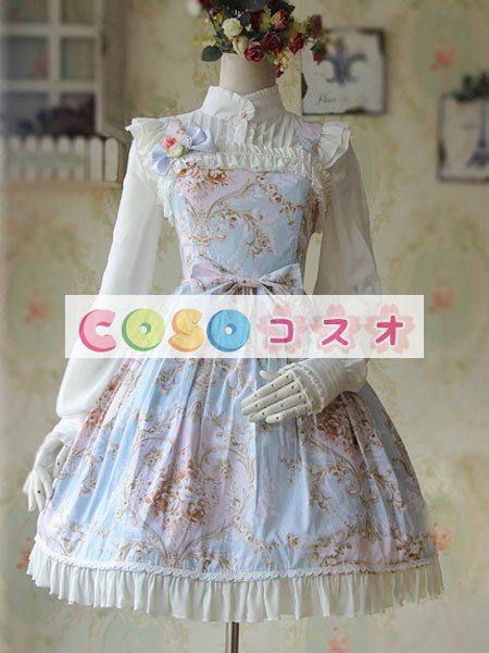 ロリィタジャンパースカート　ライトブルー　カジュアル　可愛い　コットン　プリント付き　スクエアネック　 ―Lolita0822