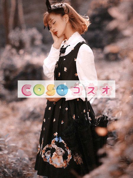 ロリータ服　ワンピース　ブラック　ストッキング　ポリエステル　ノースリーブ　 ―Lolita0349