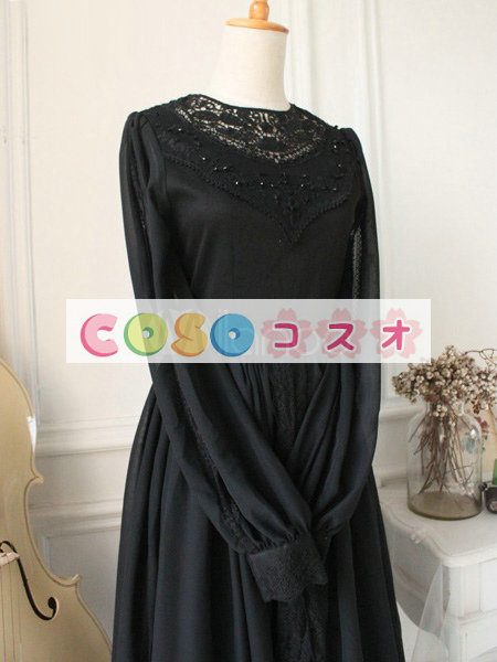 ロリータ服　ワンピース　ブラック　単色　ドレス　オーガンザ　ゴシック　レース　カジュアル　 ―Lolita0195