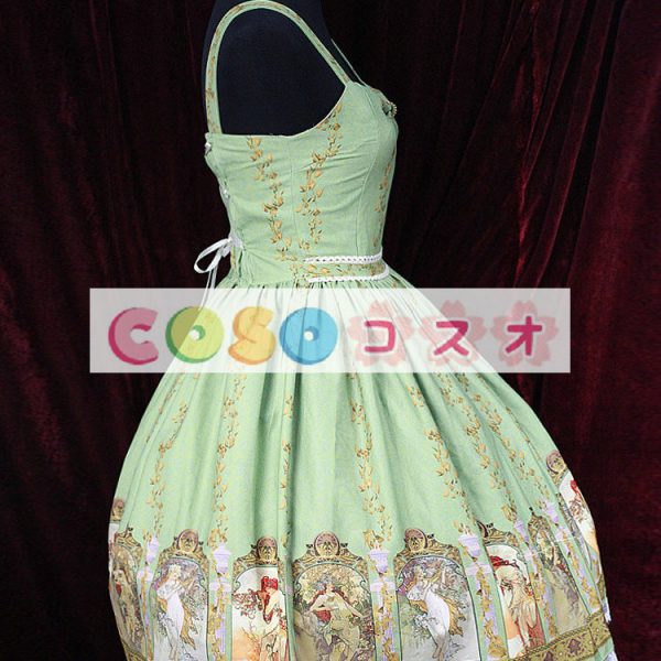 ロリータ服，ジャンパースカート　新作　編み上げタイプ　プリント柄　スィート　レース付き ―Lolita0219