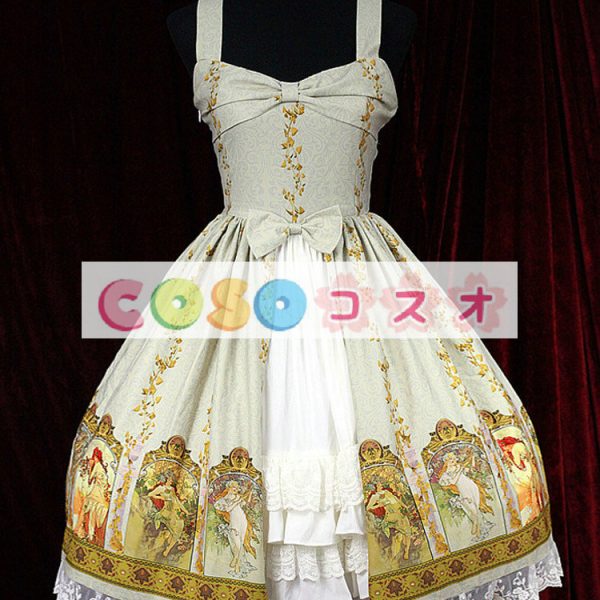 ロリータ服，ジャンパースカート　新作　プリント柄　スィート　レース付き　リボン付き ―Lolita0255