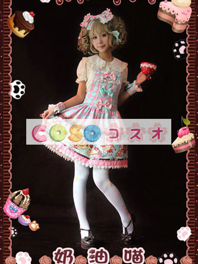 ジャンパースカート　ピンク・ブラウン　クリーム猫　リボン　可愛い ―Lolita0330