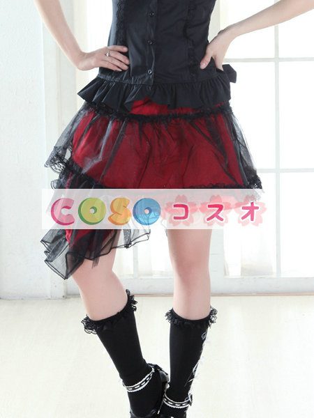 ロリータスカート，レッド・ブラック　ティアド　パンク　綿混紡　―Lolita0350