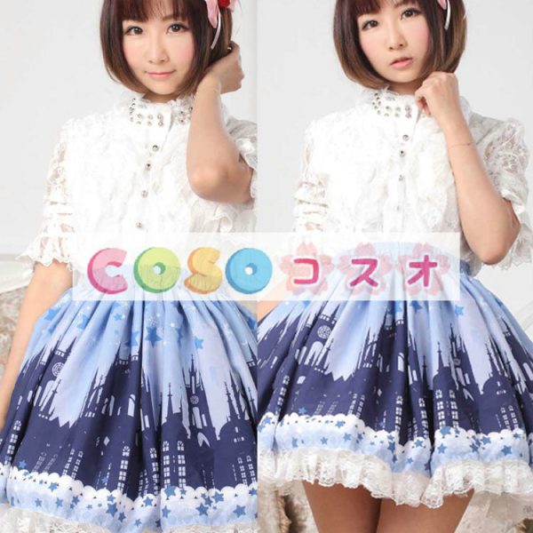 ロリータ服　スカート　ブルー　スィート　プリント　レース　 ―Lolita0499