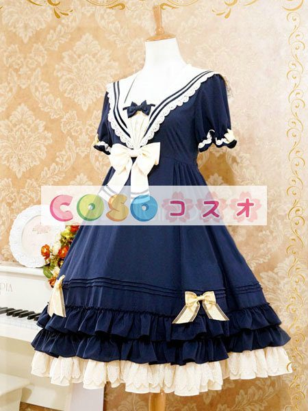 ロリータ服　ワンピース　チュニック　ドレス　シフォン　可愛い　半袖　折り襟　リボン　パーティー　 ―Lolita0552
