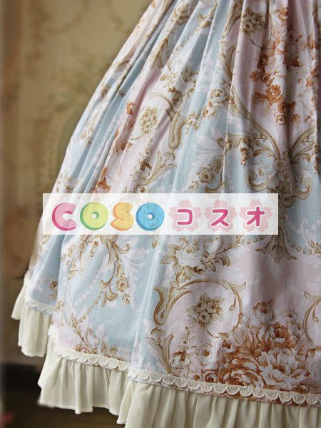 ロリィタジャンパースカート　ライトブルー　カジュアル　可愛い　コットン　プリント付き　スクエアネック　 ―Lolita0822