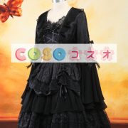 ブラックワンピース　ロリィタドレス　長袖　姫袖　レースアップ　レーストリム ―Lolita0050 5