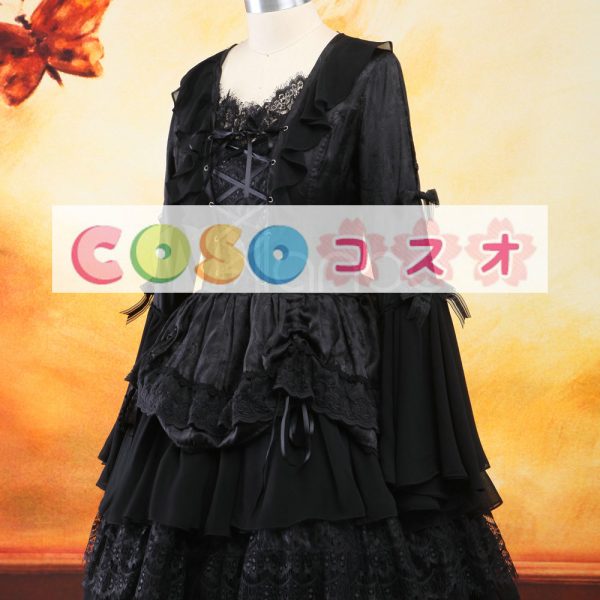 ブラックワンピース　ロリィタドレス　長袖　姫袖　レースアップ　レーストリム ―Lolita0050