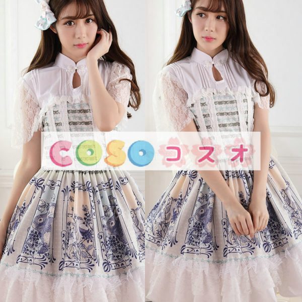 ロリータ服　ワンピース　アプリコット　プリント　ドレス　ポリエステル　スィート　レース　カジュアル　 ―Lolita0082