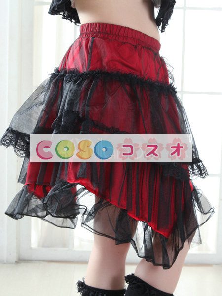 ロリータスカート，レッド・ブラック　ティアド　パンク　綿混紡　―Lolita0350