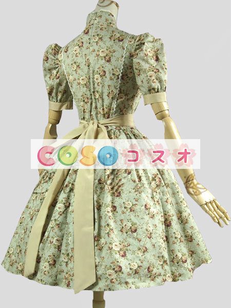 ロリータ服　ワンピース　オリーブカラー　ボディコン　プリント柄　ドレス　コットン　可愛い　半袖　ポートレイトネック　プリント付き　カジュアル　 ―Lolita0574