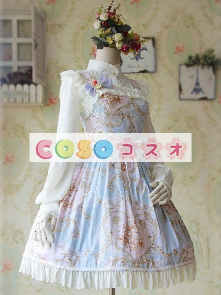 ロリィタジャンパースカート　ライトブルー　カジュアル　可愛い　コットン　プリント付き　スクエアネック　 ―Lolita0822